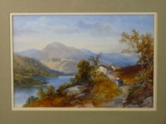 JAMES BURRELL SMITH watercolour - Snowdonia landscape with cottages and figures on a path, signed