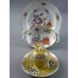 A CONTINENTAL CHINA OVAL TWO HANDLED FLORAL DISH, a circular Dresden white ground floral plate and a