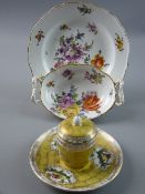 A CONTINENTAL CHINA OVAL TWO HANDLED FLORAL DISH, a circular Dresden white ground floral plate and a
