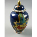 AN ARCADIAN WARE BLUE LAGOON JAR AND COVER, 18.5 cms overall height with Art Deco style enamel and
