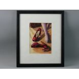 PETER WINSTANLEY oil - a pair of red shoes, signed with initials, 19.5 x 14 cms
