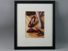 PETER WINSTANLEY oil - a pair of red shoes, signed with initials, 19.5 x 14 cms