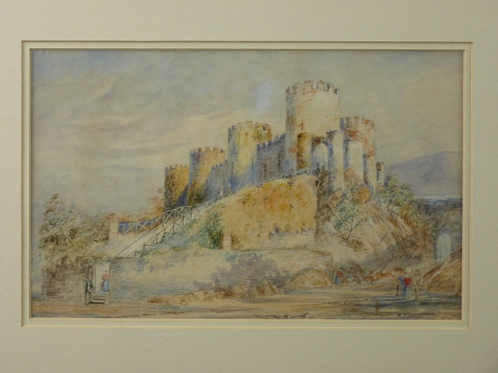 LATE 19th/EARLY 20th CENTURY watercolour/mixed media - Conwy Castle with numerous figures, unsigned,