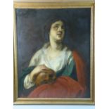 OIL ON RE-LINED CANVAS - study of Mary Magdalene looking penitent, draped in a red shawl with