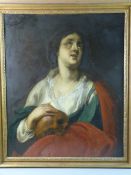 OIL ON RE-LINED CANVAS - study of Mary Magdalene looking penitent, draped in a red shawl with