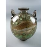 A MOSER ART GLASS VASE, twin handled of globular form and decorated in relief enamels of fish