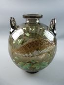 A MOSER ART GLASS VASE, twin handled of globular form and decorated in relief enamels of fish