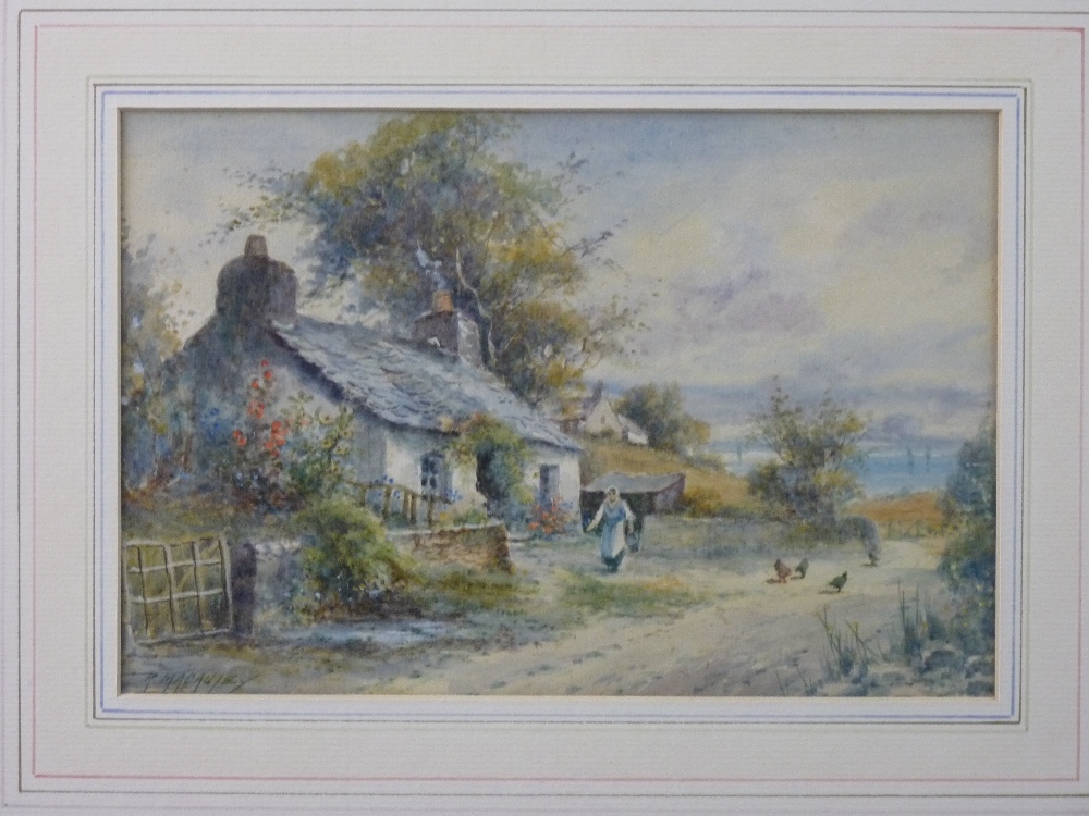 R MACAULEY watercolour - old cottage with figure and poultry on a path and distant boats, signed and
