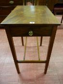 A GEORGIAN MAHOGANY SIDE TABLE with single end drawer, the rectangular top on square corner supports