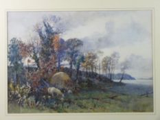 J W CLAYTON watercolour - landscape scene near Benarth, Conwy with haystack and two sheep grazing