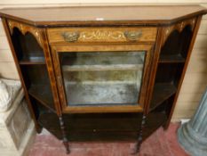 A CIRCA 1900 INLAID ROSEWOOD SIDE CABINET having a shaped top over a single frieze drawer and glazed