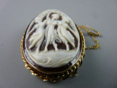 AN UNTESTED NINE CARAT GOLD CAMEO BROOCH, the carved shell depicting three maidens dancing in an