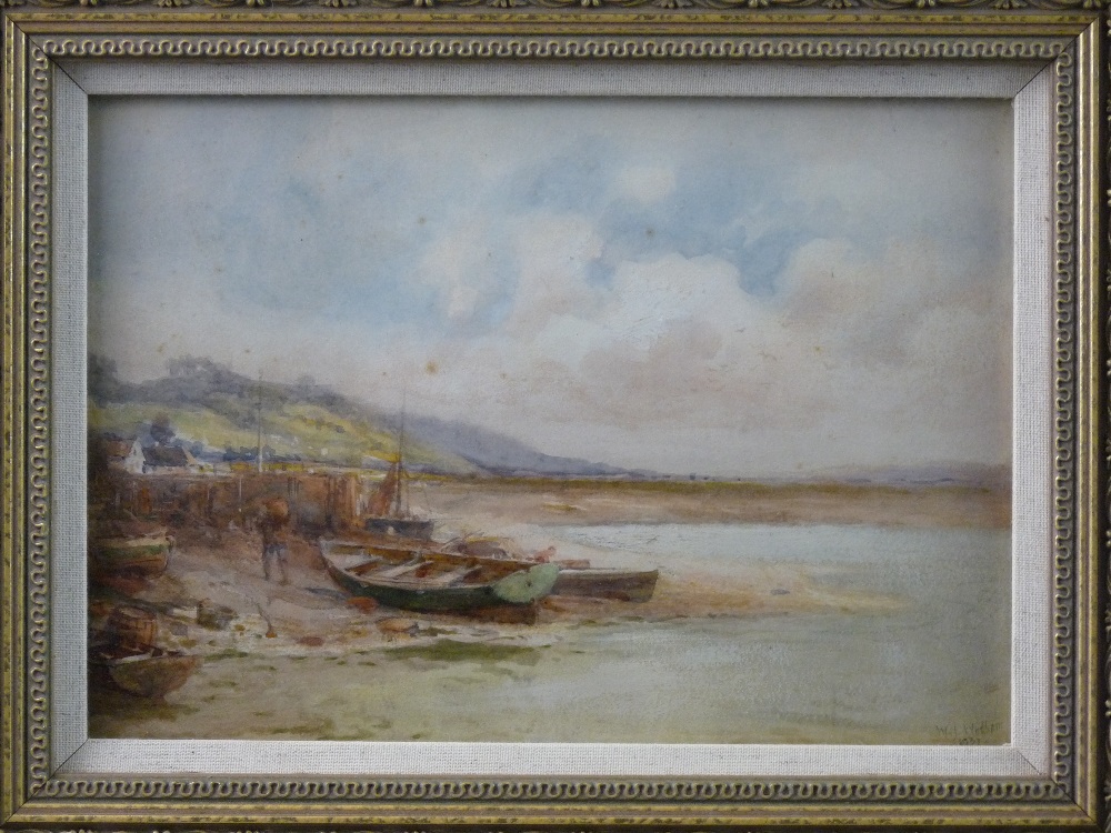 W JOSEPH WADHAM watercolour - harbour scene with beached boats and figures near the Mawddach