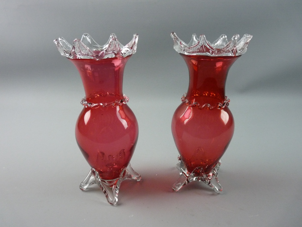 A FINE PAIR OF CRANBERRY GLASS GLOBULAR VASES with wide necks and plain 'spiked' decoration and on
