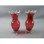 A FINE PAIR OF CRANBERRY GLASS GLOBULAR VASES with wide necks and plain 'spiked' decoration and on