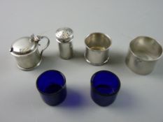 A SET OF THREE PLAIN SILVER CAPSTAN SHAPED CONDIMENTS, the mustard and salt pots with Bristol blue