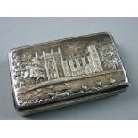 A NATHANIEL MILLS CASTLE TOP SILVER SNUFF BOX of rectangular form with gilt interior showing