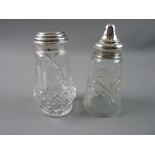 TWO HALLMARKED SILVER TOPPED CUT GLASS SUGAR SIFTERS, hallmarks for London 1928 and Sheffield