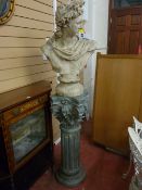 A MODERN COMPOSITE BUST on a column stand, classical antiquities style head and shoulders model on a