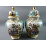 A LARGE PAIR OF DRESDEN OVOID FORM VASES with covers, late 19th/early 20th Century, the domed covers