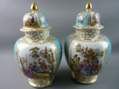A LARGE PAIR OF DRESDEN OVOID FORM VASES with covers, late 19th/early 20th Century, the domed covers