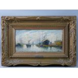 D MORETT oil on board - dockyard scene with numerous boats, signed and with title label verso 'At