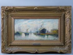 D MORETT oil on board - dockyard scene with numerous boats, signed and with title label verso 'At