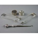 A PARCEL OF SMALL SILVER ITEMS, two pairs of plain silver sugar tongs, 2.5 troy ozs, London 1803 and