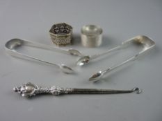 A PARCEL OF SMALL SILVER ITEMS, two pairs of plain silver sugar tongs, 2.5 troy ozs, London 1803 and