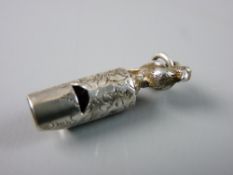 A MINIATURE BRIGHT CUT SILVER WHISTLE with bird atop, no marks, 2 grms