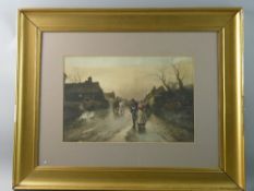 AFTER J W GOZZARD coloured print - evening figures, horses etc going home on a wet street, 28 x 43