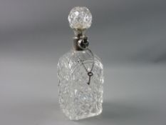 A HEAVY SQUARE HOBNAIL DECORATED WHISKY DECANTER having an elaborate silver locking collar with