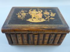 AN ITALIAN OLIVE WOOD, ROSEWOOD AND MULTI-WOOD OBLONG LIDDED BOX, the lid and base in the form of