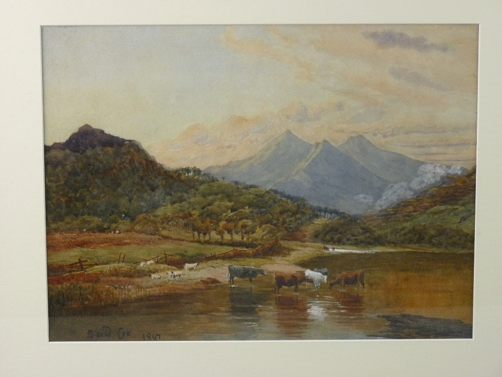 ATTRIBUTED TO DAVID COX watercolour - mountainscape with cattle watering and sheep on the bank,