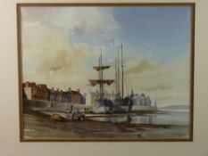 ALAN KIRKPATRICK (formerly of Anglesey) watercolour - harbour scene with two old moored ships and