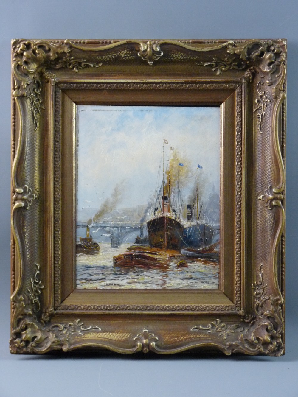 C H CLAYTON oil on board - busy river scene with boats and bridge, signed and with title label verso