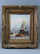 C H CLAYTON oil on board - busy river scene with boats and bridge, signed and with title label verso