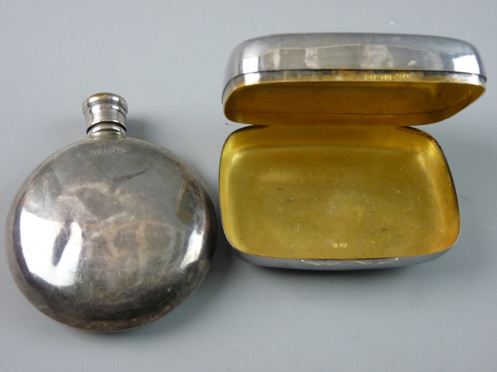 A PLAIN SILVER MOON SHAPED HIP FLASK, one side concave, 2.2 troy ozs, Birmingham 1875 and an