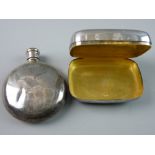 A PLAIN SILVER MOON SHAPED HIP FLASK, one side concave, 2.2 troy ozs, Birmingham 1875 and an