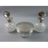 THREE HALLMARKED SILVER AND GLASS DRESSING TABLE ITEMS to include two hobnail cut scent bottles with