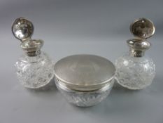 THREE HALLMARKED SILVER AND GLASS DRESSING TABLE ITEMS to include two hobnail cut scent bottles with