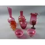 A PARCEL OF CRANBERRY GLASSWARE including a pair of circular white lined salts on plain supports,