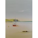NICK JOHN REES acrylic on canvas - beached sailing boat and cliffs, entitled verso, 'Mawgan Porth,