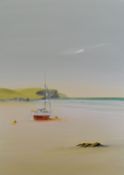 NICK JOHN REES acrylic on canvas - beached sailing boat and cliffs, entitled verso, 'Mawgan Porth,