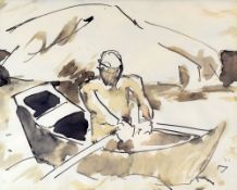 JOSEF HERMAN colourwash - figure in a rowing boat, entitled verso on Boundary Gallery label 'Spanish