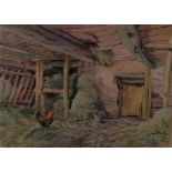 ARTHUR MILES watercolour - interior of barn with cockerel, entitled verso 'Barn near Hay-on-Wye',