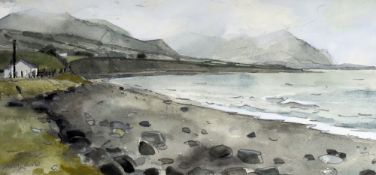ANN LEWIS watercolour and pencil - coastal scene at Aberdesach and the Rivals, signed, 16 x 34cms