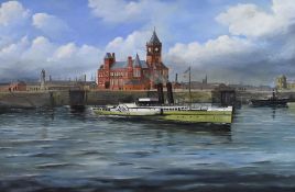 T WHITFIELD oil on board - historic view of the paddle steamer 'Westonia' in Cardiff Docks with Pier