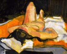 CLAUDIA WILLIAMS oil on board - reclining nude, initialled and dated 1981 and entitled to original