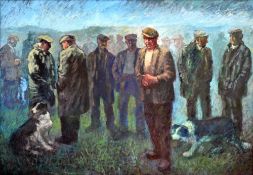 ANEURIN JONES acrylic on board - group of standing Welsh farmers in typical attire including caps